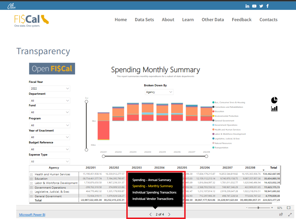 Screenshot showing how to select the spending and vendor reports on the website